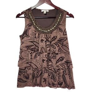 Dressbarn Brown Paisley Sleeveless Top Medium Beaded Neck Boho Layered Tank